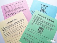 three different colored papers on top of each other with information about computers written in them