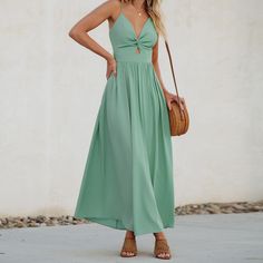 Step into summer elegance with our Front Twist & Keyhole Maxi Dress! The front twist and keyhole detail add a touch of sophistication to this maxi dress. The twist detail at the neckline and the alluring keyhole cutout create a stylish focal point, while the maxi length provides an effortlessly chic look. Whether attending a garden party or enjoying a beachside dinner, this dress is your go-to choice. Product code: CAA05A4A028WE/CAA05A4A028RR,CAA05A4A028SS,CAA05A4A028GG,CAA05A4A028RS,CAA05A4A028 Spring Maxi Dress With Knotted Straps, Solid Floor-length Maxi Dress For Vacation, Solid Color Floor-length Maxi Dress For Vacation, Vacation Maxi Dress With Knotted Straps, Maxi Dress With Knotted Straps For Vacation, Elegant Summer Midi Dress With Twist Front, Spring Floor-length Solid Color Maxi Dress, Sundress Maxi Dress With Knotted Straps For Day Out, Spring Maxi Dress With Knotted Straps For Day Out