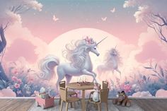 a child's room with pink walls and unicorns on the wall in front of it