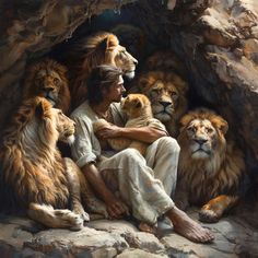 a painting of a man sitting in front of lions with his hands on his chest