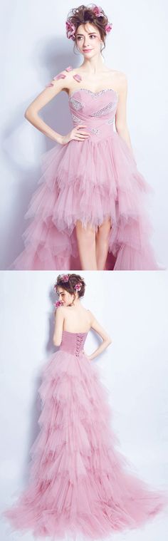 Tulle high low formal party dress, queen style~ Pink Fitted Bodice Corset Dress For Homecoming, Pink Corset Dress With Fitted Bodice For Homecoming, Pink Corset Dress With Sweetheart Neckline For Prom, Pink Evening Dress With Corset Back For Prom, Pink Corset Dress For Prom With Sweetheart Neckline, Pink Corset Dress For Prom And Homecoming, Pink Corset Dress For Homecoming And Prom, Pink Corset Dress For Wedding And Prom Season, Pink Corset Dress With Corset Back For Prom Season