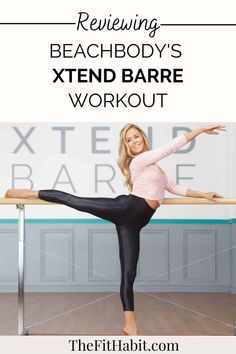 a woman in black pants and pink shirt doing a yoga pose with the words, beach body's xtend barrel workout