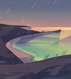 an illustration of a beach at night with stars in the sky above it and water below