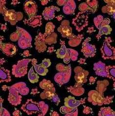 an image of colorful flowers and paisleys on a black background with red, pink, purple