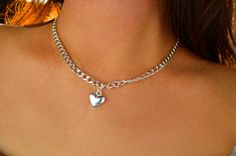 Chain is adjustable. (Not a real locket) Silver Metal Heart Choker Necklace, Silver Heart Necklace With Chunky Chain For Gifts, Trendy Silver Chain Heart Jewelry, Trendy Silver Heart Necklace With Chunky Chain, Silver Heart Choker Necklace With Chain, Trendy Silver Heart Metal Necklace, Trendy Silver Metal Heart Necklace, Trendy Personalized Silver Heart Necklace, Trendy Nickel-free Heart Pendant Jewelry