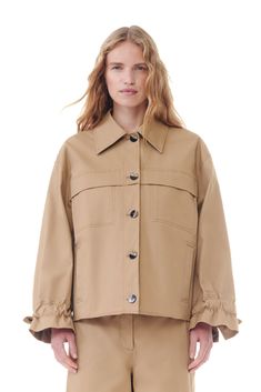 Tiger's Eye Brown Herringbone Canvas Jacket | GANNI US Chic Utility Jacket With Flap Pockets For Workwear, Chic Collared Utility Jacket With Flap Pockets, Chic Utility Jacket With Lapel Collar For Workwear, Chic Lapel Collar Utility Jacket For Workwear, Chic Button-up Utility Jacket With Flap Pockets, Chic Collared Utility Jacket For Work, Collared Utility Jacket For Spring Workwear, Spring Workwear Shacket With Flap Pockets, Chic Shacket For Workwear