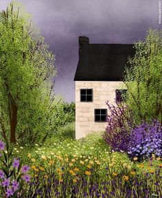 a painting of a house surrounded by trees and flowers in front of a cloudy sky