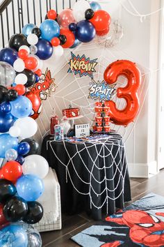 Spider-man 3rd birthday partyBalloon cloud from @momopartykids Spiderman Birthday Party Balloons, Avengers Birthday Cake Boys, Spiderman Birthday Balloons, Marvels Theme Birthday Party, Spiderman Bday Decoration, Third Birthday Spiderman, Spidey And His Amazing Friends Birthday Party Decorations, Spider Man Party Decoration, 4th Superhero Birthday Party