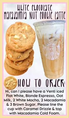 an advertisement with cookies, milkshake and coffee on the side for white chocolate macaroni nut toffe latte