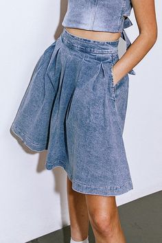 Washed denim midi skirt, featuring full skirt with pleats and back zipper closure. Pair with our washed denim top (Style #FT1025) for the complete denim look! Skirt With Pleats, Skirt Jumpsuit, Elegant Art, Denim Midi Skirt, Resort Collection, Washed Denim, Swim Accessories, Denim Mini