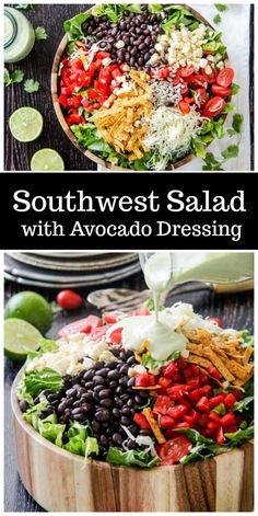 southwest salad with avocado dressing in a wooden bowl