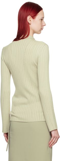 Rib knit rayon- and cotton-blend cardigan. · Spread collar · Button closure · Mother-of-pearl hardware Supplier color: Light green Chic Spring Turtleneck Cardigan, Elegant Turtleneck Cardigan For Spring, Elegant Spring Turtleneck Cardigan, Spring Workwear Turtleneck Cardigan, Spring Turtleneck Cardigan For Workwear, Ribbed Turtleneck Cardigan For Spring, Color Light, Mother Of Pearl, Light Green