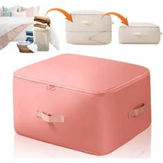 a pink suitcase sitting on top of a white floor next to pillows and blankets with an orange arrow pointing at it