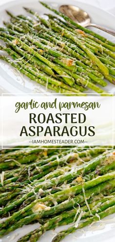 garlic and parmesan roasted asparagus on a white plate with text overlay