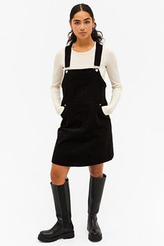 Knee length corduroy dungaree dress - Black - Monki WW Corduroy Dungarees Dress, Corduroy Dungarees, Dungaree Dress, Fancy Buttons, Leather Platform Sandals, Mini Dresses, Dungarees, Wide Leg Trousers, Oversized Tshirt