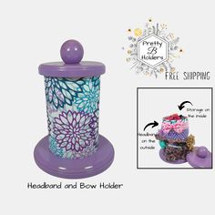 a purple container with flowers painted on it next to an image of the lid and handle