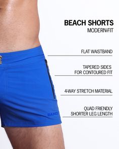 The most versatile pair of men’s beach shorts you’ll ever wear. BANG! Beach Shorts are the perfect all-rounder between the beach and everything else before and after. Styled after the fashionably look of a modern-fit walk short, these premium men’s swim trunks are delivered in a body-sculpting and shape-contouring format for a perfect fit. Meet the ultimate men’s boardies to take you from the beach to the party without missing a beat. Made with a stretchy, waterproof, light weight and soft fabri Beachy Swim Trunks With Built-in Shorts, Blue Short Leg Swim Trunks For Beach, Blue Bermuda Swim Trunks For Beachwear, Bermuda Beachwear Swim Trunks With Built-in Shorts, Bermuda Swim Trunks With Built-in Shorts, Blue Bottoms With Built-in Shorts For Beach Party, Blue Beachwear Athletic Shorts For Summer, Blue Summer Athletic Shorts, Beach Season Athletic Shorts With Short Leg