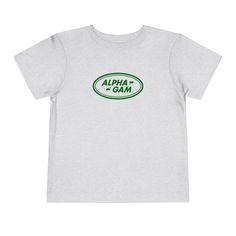 a white t - shirt with the word alpha gam on it in green