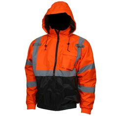 BOMBER JACKET (VBBQCL3O) ANSI CLASS 3 **These jackets run a bit small, please order one size larger than you normally would!** HI-VIS ORANGE BOMBER JACKET ANSI Compliant High Visibility Insulated Jacket A highly visible insulated winter wear jacket designed to provide warmth, comfort and safety at an affordable price. Ideal Applications: For use in environments where high visibility and warmth are desired for wearer safety and comfort. ● ANSI/ISEA 107 Class 3 compliant, 100% waterproof, jacket f Orange Winter Windbreaker For Outdoor, Orange Hooded Windbreaker For Outdoor, Orange Outerwear With Pockets For Outdoor, Safety Jacket Construction, Orange Construction Vest, Mens Winter Coat, Winter Coats Jackets, Jacket Design, Men Winter