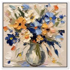 an oil painting of flowers in a vase