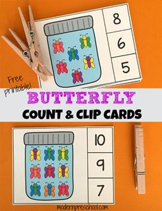 butterfly count and clip cards with scissors on an orange background