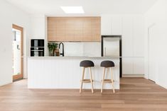 two stools are in front of the kitchen counter