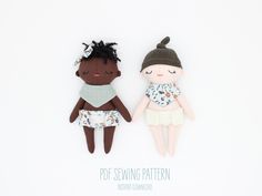 two dolls are sitting next to each other on a white background with the words diy sewing pattern