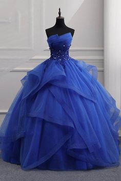 Item Descriptions:Silhouette:A-LineFabric:Tulle, LaceLength: Floor LengthBack Details:Lace-UpFully Lined: YesBuilt-In Bra: YesShown Color: Blue Quince Robe, Long Sweet 16 Dresses, Red Quinceanera Dress, Formal Evening Dresses Long, Blue Sweet 16, Strapless Ball Gown, Sweet 16 Dress, Wedding Dress Brands, Quinceanera Dresses Blue