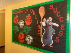 a bulletin board with an image of a mouse holding a wooden spoon