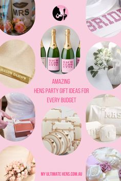 pink and white collage with champagne, cake, flowers, hats, napkins