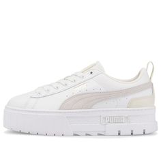 (WMNS) Puma Mayze Shoes 'Beige White' 381983-13 (SNKR/Skate/Casual/Women's/Thick Sole) Puma Sneakers For Light Sports With Round Toe, White Skate Shoes With Translucent Outsole, Spring Low-top Puma Sneakers, Cream Skate Shoes For Streetwear, White Puma Sneakers For Spring, Puma Sneakers With White Sole And Round Toe, Low-top Puma Sneakers With White Sole, Puma Sneakers With Round Toe, White Sole Lace-up Puma Sneakers