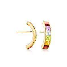 Ross-Simons - C. 2000 Vintage 4.24ct t. w. Multi-Gemstone Curved Earrings in 14kt Yellow Gold. C. 2000. Shining like the rainbow, these multi-gem earrings from our Estate collection are the perfect addition to your repertoire. A single file of 4.24 ct. tot. gem wt. garnet, peridot, amethyst, citrine and rock crystal squares adorn the pair that curves just so below the earlobe. Finely crafted in glossy 14kt yellow gold. Bring this versatile pair home and watch how often you reach for it! Post/clu Curved Earrings, Gold C, Gem Earrings, Earrings In Gold, Rock Crystal, The Rainbow, Estate Jewelry, Citrine, Garnet