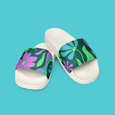 Step into comfort and style with these women's slides, perfect for the Phish festival or any casual occasion. Featuring a vibrant retro floral pattern in mondegreen colors, these slides are designed to offer both comfort and a touch of whimsy. Ideal for Phish fans who want to showcase their style while enjoying their favorite music. Lightweight and versatile, these slides are a must-have for any festival-goer or anyone who loves unique, eye-catching footwear. * Cushioned and durable faux leather upper strap * Lightweight polyurethane (PU) outsole * Contoured, textured footbed * Stitched around the upper perimeter for extra durability * Spot clean only * Printed, cut, and handmade Disclaimer: The shoes will have a glue-like smell when opening the box. The smell will disappear a few days aft Shoes Flip Flops, Retro Floral Pattern, Phish, Womens Slides, Retro Floral, Tongs, Flip Flop Sandals, Women's Shoes Sandals, Flip Flops