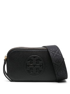 black calf leather grained texture signature Double T motif logo patch to the front top zip fastening adjustable detachable logo-jacquard shoulder strap partitioned compartment embossed internal logo internal slip pocket suede lining gold-tone hardware This piece comes complete with a protective dust bag. Tory Burch Crossbag, Luxury Everyday Shoulder Bag With Logo Print, Luxury Black Bag With Logo-jacquard Lining, Luxury Shoulder Bag With Zipper Pouch, Luxury Travel Crossbody Shoulder Strap Bag, Luxury Black Bags With Logo Plaque, Luxury Travel Shoulder Bag With Logo Tag, Luxury Engraved Shoulder Bag For Everyday Use, Luxury Shoulder Bag With Logo Patch