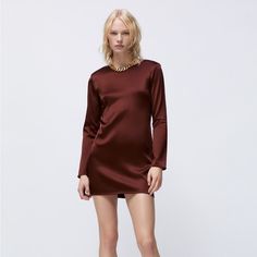 Zara Satin Mini Dress Rusty Brown Color Long Sleeve Size S New With Tags Satin Dresses Long Sleeve, Christmas Fits, Zara Mini Dress, Satin Dress Long, Zara Mini, Round Neck Dresses, Jacquard Dress, Satin Mini Dress, Short Mini Dress