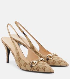 Horsebit GG Canvas slingback pumps in beige - Gucci | Mytheresa Gucci Small Heels, Luxury Elegant Brown Court Shoes, Gucci Sandals Heel, Spring Gucci Luxury Slingback Pumps, Shoes For Women Gucci, Tan Gucci Heels, Gucci Mid Heel Pump, Gucci Shoes 2023, Gucci Shoes Women