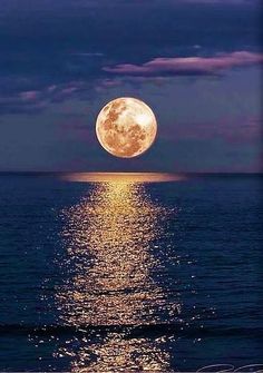 the full moon shines brightly over the ocean as it reflects in the water's surface