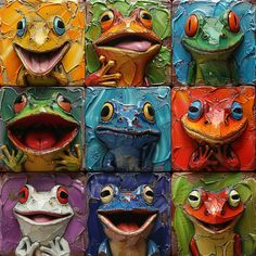 many different colored frog faces are shown in this mosaic tile wall art piece, which is painted with various colors and shapes