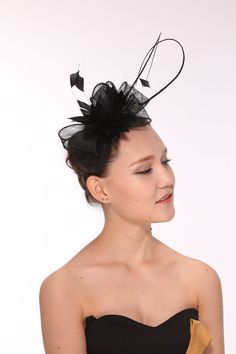 Fabrication: 100% sinamay with feathers Style#: fascinator_s10-2450 Size: One size for teens and ladies Head measurement: One size: (55cm, 21-5/8, 6-7/8 to 59cm, 23-1/4, 7-3/8) Feathered Costume Hats For Kentucky Derby, Summer Race Day Feather Hair Accessories, Summer Mini Hats With Feathers, Fitted Feather Fascinator For Evening, Fitted Party Headpiece With Ostrich Feathers, Feather Hair Accessories For Summer Evenings, Feather Hair Accessories For Summer Evening, Black Summer Hats With Feather Trim, Summer Black Hats With Feather Trim