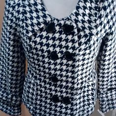 Last Kiss Houndstooth Coat/Jacket In Classic Black And White. Nwt, Size Medium. Missing One Button Casual Fitted Houndstooth Outerwear, White Pea Coat, Herringbone Coat, Plaid Peacoat, Houndstooth Coat, Pea Coats Women, White Herringbone, Last Kiss, Houndstooth Jacket