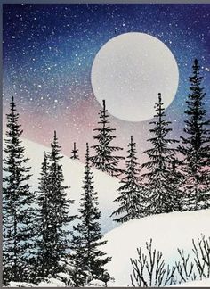 a painting of trees in the snow with a full moon behind them and stars on the sky