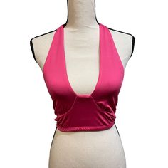 Adika Hot Pink Halter Top Backless Going Out Top Nwt Size Medium Chic Pink Crop Top For Club, Triangle Top Crop Top For Club, Chic Pink Crop Top Halter, Pink Halter Top For Club In Summer, Pink Summer Halter Top For Club, Pink Fitted Halter Top For Club, Trendy Pink Halter Top For Night Out, Chic Pink Triangle Top, Pink Halter Top For Club In Spring