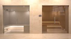 three different views of a bathroom with white walls and beige tile flooring, along with an open door leading to the sauna