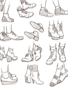 a bunch of different shoes that are drawn in pen and ink on paper, each with their own shoelaces