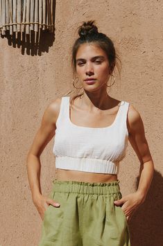 bright white textured cotton top Hemp Pants, Golden Jewellery, Sporty Crop Top, Linen Summer, Compost Bags, Cotton Crop Top, Bare Skin, Golden Jewelry, Summer Linen