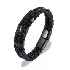 Double Layer Woven Leather Mens Bracelet - Gifts for Him - Main - Black Modern Black Braided Bracelet With Leather Strap, Modern Black Braided Bracelets, Black Leather Braided Bracelet With Stainless Steel Clasp, Adjustable Black Braided Bracelet, Black Leather Wristband With Bracelet Strap, Adjustable Black Braided Bracelet With Stainless Steel Clasp, Adjustable Black Leather Bracelet With Stainless Steel Clasp, Modern Black Leather Double Band Bracelet, Adjustable Black Leather Braided Bracelet