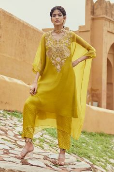 Lime green kaftan with embroidery on neckline and sequined cuff. Comes with an inner slip and a straight pant with bandhani print. - Aza Fashions Green Kaftan, Kaftan Set, Bandhani Print, Pink City, Tarun Tahiliani, Kimono Fabric, Green Pants, Pants Pattern, Modern Bride