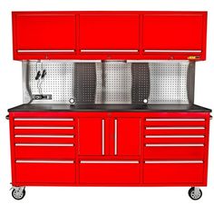 a red tool cabinet with drawers and tools