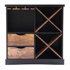 an open bookcase with three drawers and two wooden dividers on the bottom shelf