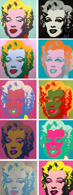 andy warhol's marilyn monroe pop art print in various colors and sizes, including red, yellow, blue, pink, green